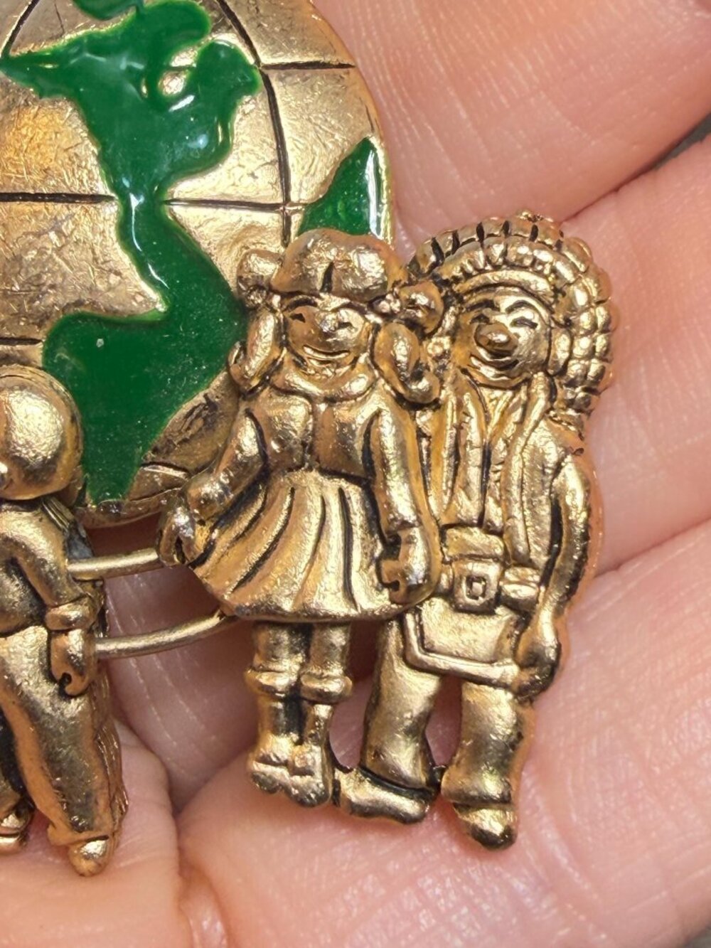 Vintage Children Around the World Brooch Globe Gold Tone Sliding Figure 1.85" - Picture 4 of 11